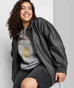 Women's Distressed Faux Leather Bomber Jacket - Wild Fable™ Black -Wild Fable Shop GUEST 1f01040f 7a42 462a 9130 ad9d3b2ab94d 3