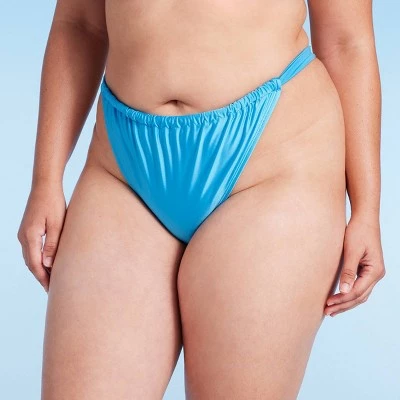 Women's Wide Strap Adjustable High Leg Bikini Bottom - Wild Fable™ Shiny Blue 3 Women's Wide Strap Adjustable High Leg Bikini Bottom - Wild Fable™ Shiny Blue - Image 3