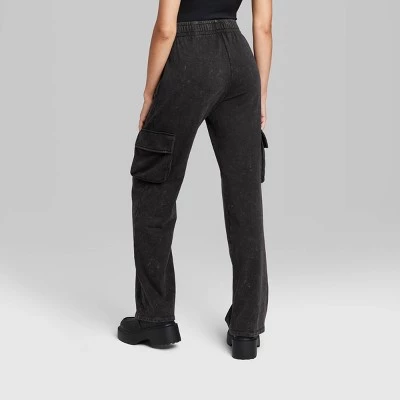 Women's High-Rise Wide Leg Fleece Cargo Pants - Wild Fable™ Black Wash 2 Women's High-Rise Wide Leg Fleece Cargo Pants - Wild Fable™ Black Wash - Image 2