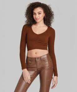 Women's Long Sleeve Front Cinch Fitted Seamless T-Shirt - Wild Fable™ Brown