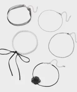 Crystal Faux Pearl & Ribbon Choker Necklace Set 5pc - Wild Fable™ Black/Silver