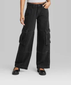 Women's Mid-Rise Cargo Baggy Wide Leg Utility Jeans - Wild Fable™ Black Wash
