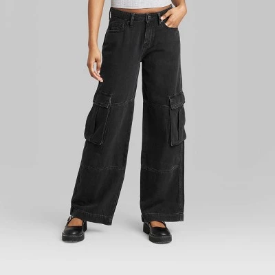 Women's Mid-Rise Cargo Baggy Wide Leg Utility Jeans - Wild Fable™ Black Wash 1 Women's Mid-Rise Cargo Baggy Wide Leg Utility Jeans - Wild Fable™ Black Wash