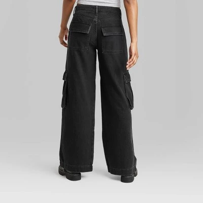 Women's Mid-Rise Cargo Baggy Wide Leg Utility Jeans - Wild Fable™ Black Wash 2 Women's Mid-Rise Cargo Baggy Wide Leg Utility Jeans - Wild Fable™ Black Wash - Image 2