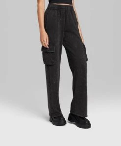 Women's High-Rise Wide Leg Fleece Cargo Pants - Wild Fable™ Black Wash