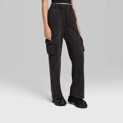 Women's High-Rise Wide Leg Fleece Cargo Pants - Wild Fable™ Black Wash 1 Women's High-Rise Wide Leg Fleece Cargo Pants - Wild Fable™ Black Wash