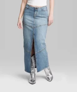 Women's Mid-Rise Chevron Denim Maxi Skirt - Wild Fable™ Medium Wash