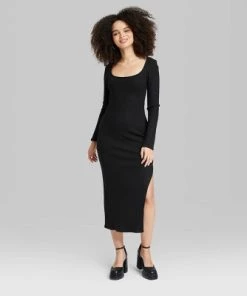 Women's Long Sleeve Rib Knit Midi Dress - Wild Fable™ Dark Brown