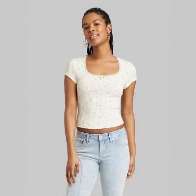 Women's Short Sleeve Pointelle Rosette T-Shirt - Wild Fable™ Black 2 Women's Short Sleeve Pointelle Rosette T-Shirt - Wild Fable™ Black - Image 2