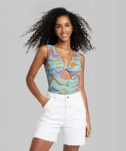 Women's Twist-Front Cut Out Tank Bodysuit - Wild Fable™ Light Aqua Blue