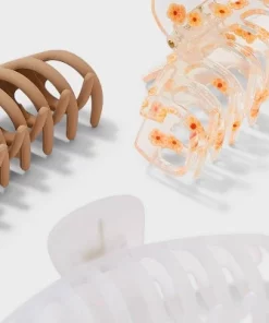 Flower Print and Solid Claw Hair Clip Set 3pc - Wild Fable™ Tan/Cream/Clear