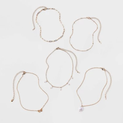 Butterfly and Acrylic Pearl Heart Choker Necklace Set 5pc - Wild Fable™ Gold 1 Butterfly and Acrylic Pearl Heart Choker Necklace Set 5pc - Wild Fable™ Gold