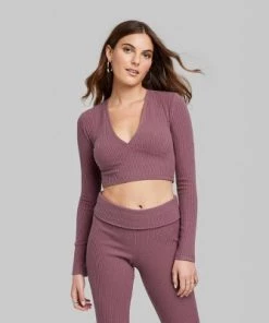 Women's Long Sleeve V-Neck Cozy Rib T-Shirt - Wild Fable™ Light Pink