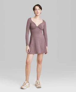 Women's Long Sleeve Twist-Front Mini Knit Skater Dress - Wild Fable™ Chestnut