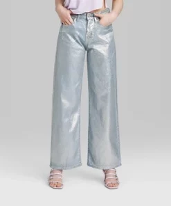 Women's High-Rise Wide Leg Coated Baggy Jeans - Wild Fable™ Silver Metallic