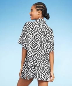 Women's Button-Up Cover Up Short Sleeve Shirtdress - Wild Fable™ Black/white Check Print