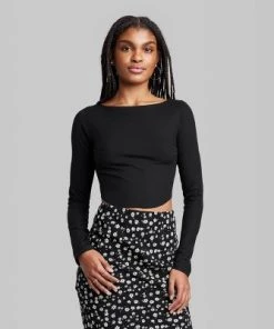 Women Long Sleeve Boat Neck T-Shirt - Wild Fable™ Black