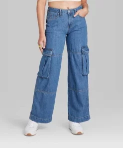 Women's Mid-Rise Cargo Baggy Wide Leg Utility Jeans - Wild Fable™ Medium Wash