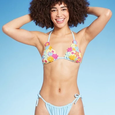 Women's Mixed Icon Crochet Triangle Bikini Top - Wild Fable™ Blue 3 Women's Mixed Icon Crochet Triangle Bikini Top - Wild Fable™ Blue - Image 3